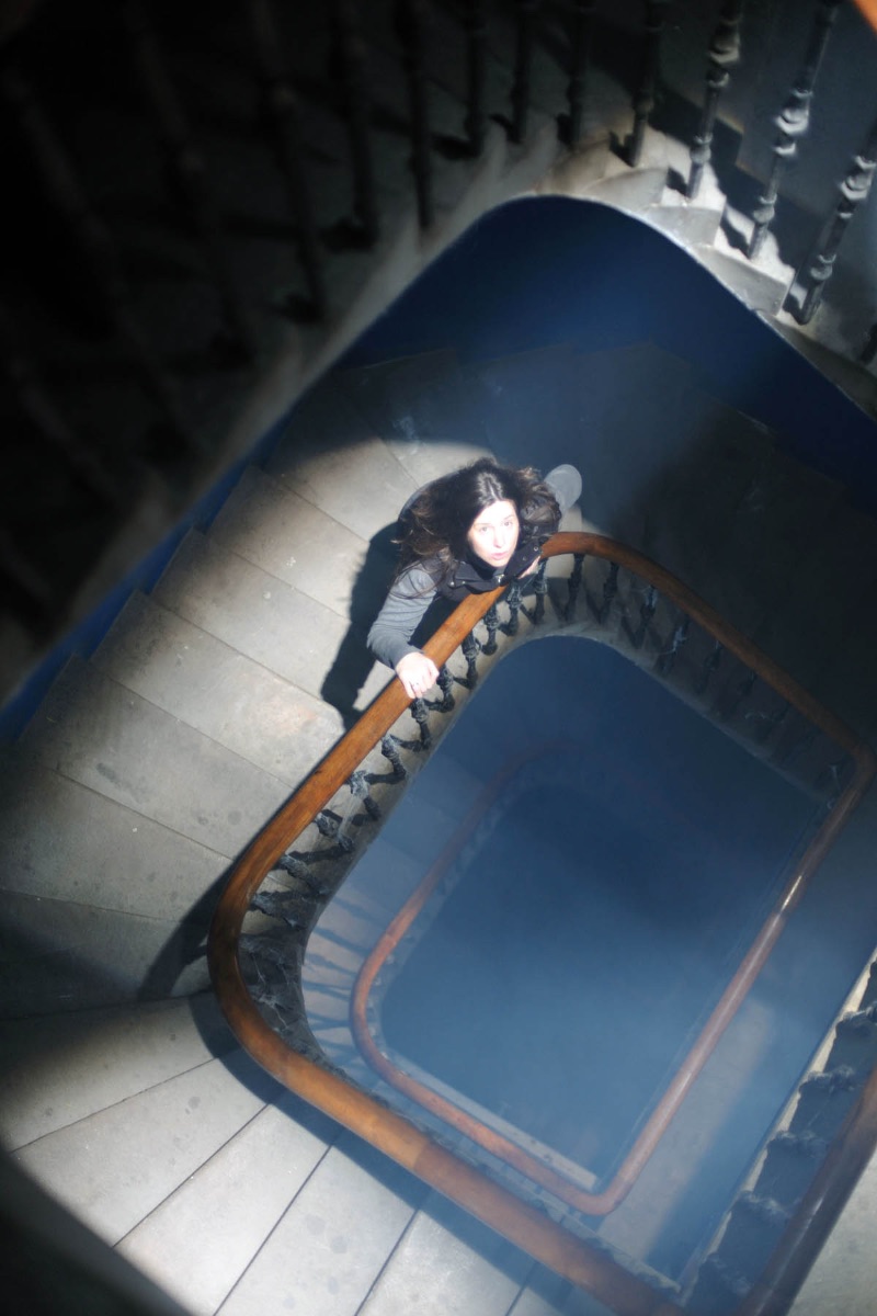 Louise looks up the stair